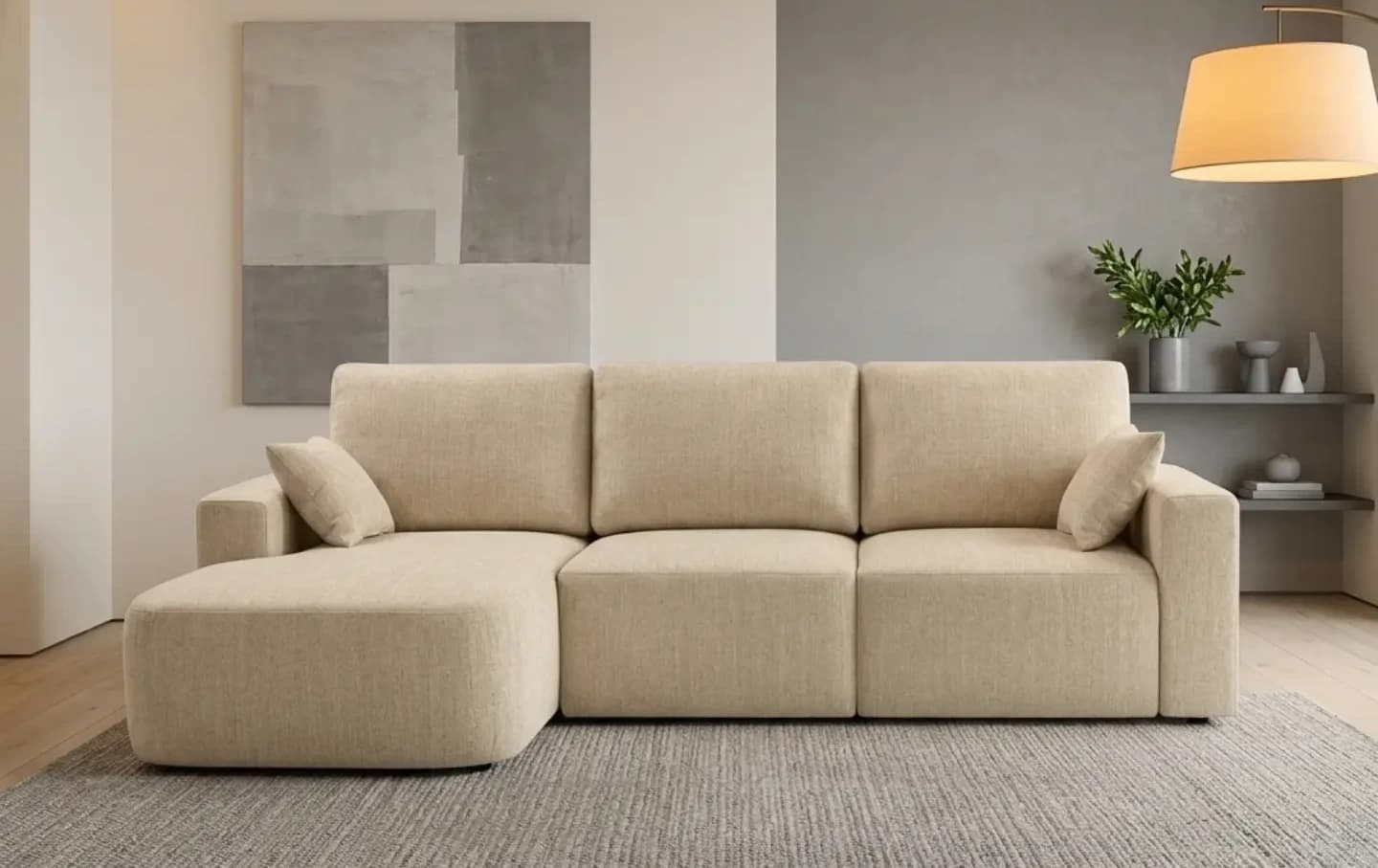 Sanel chaiselongue tapizado en tejido natural, en un interior mediterráneo