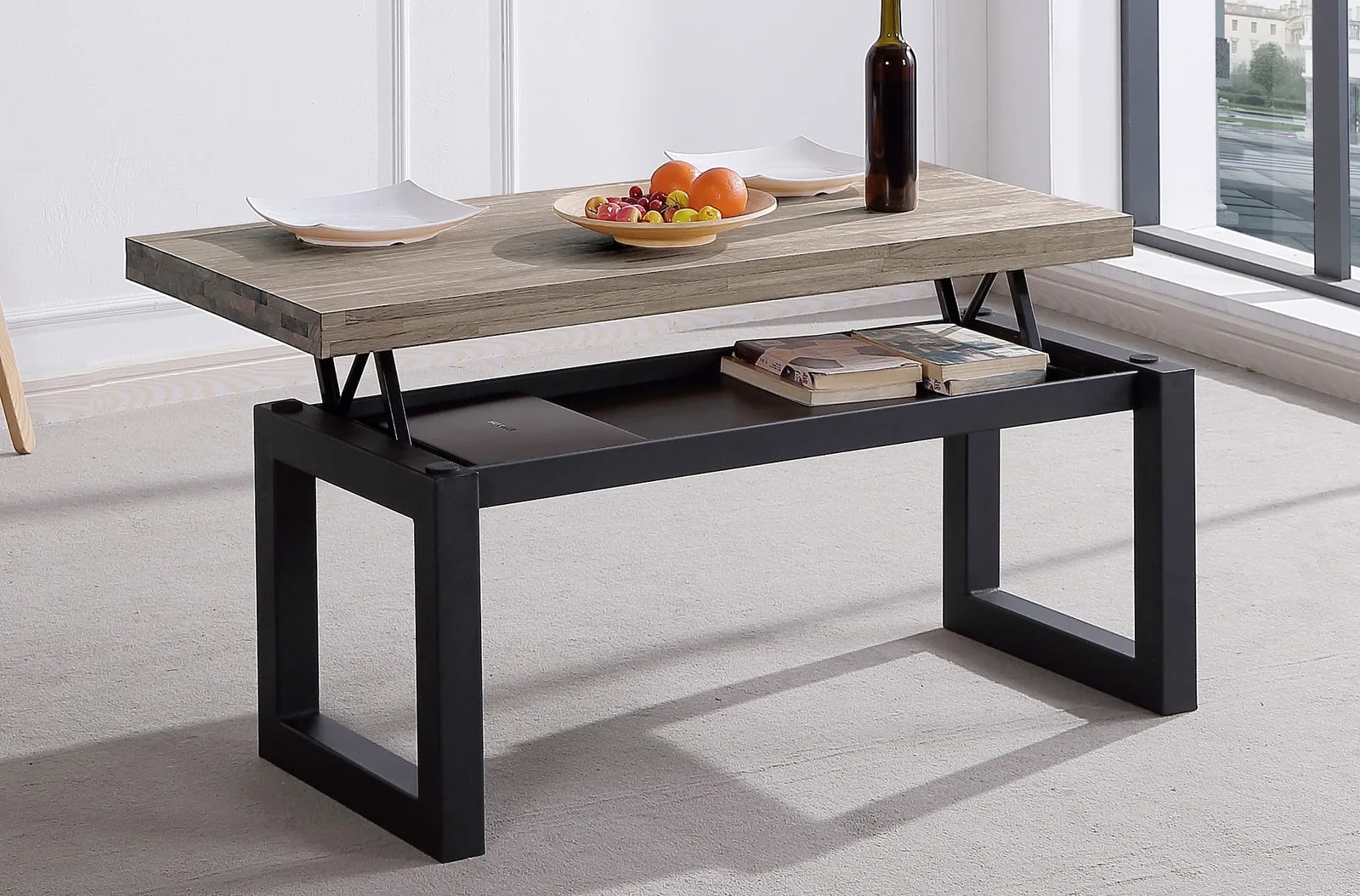 Mesa de centro elevable Loft, roble americano / negro en un salón