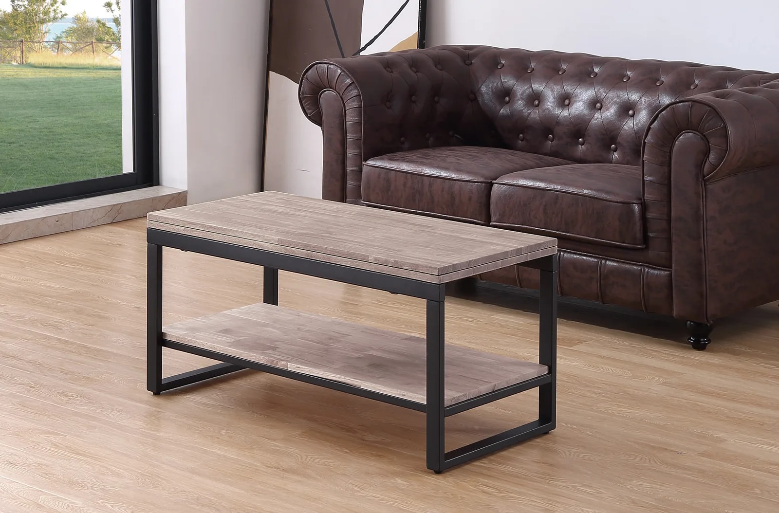 Mesa de centro elevable Steve, roble honey / negro en un salón