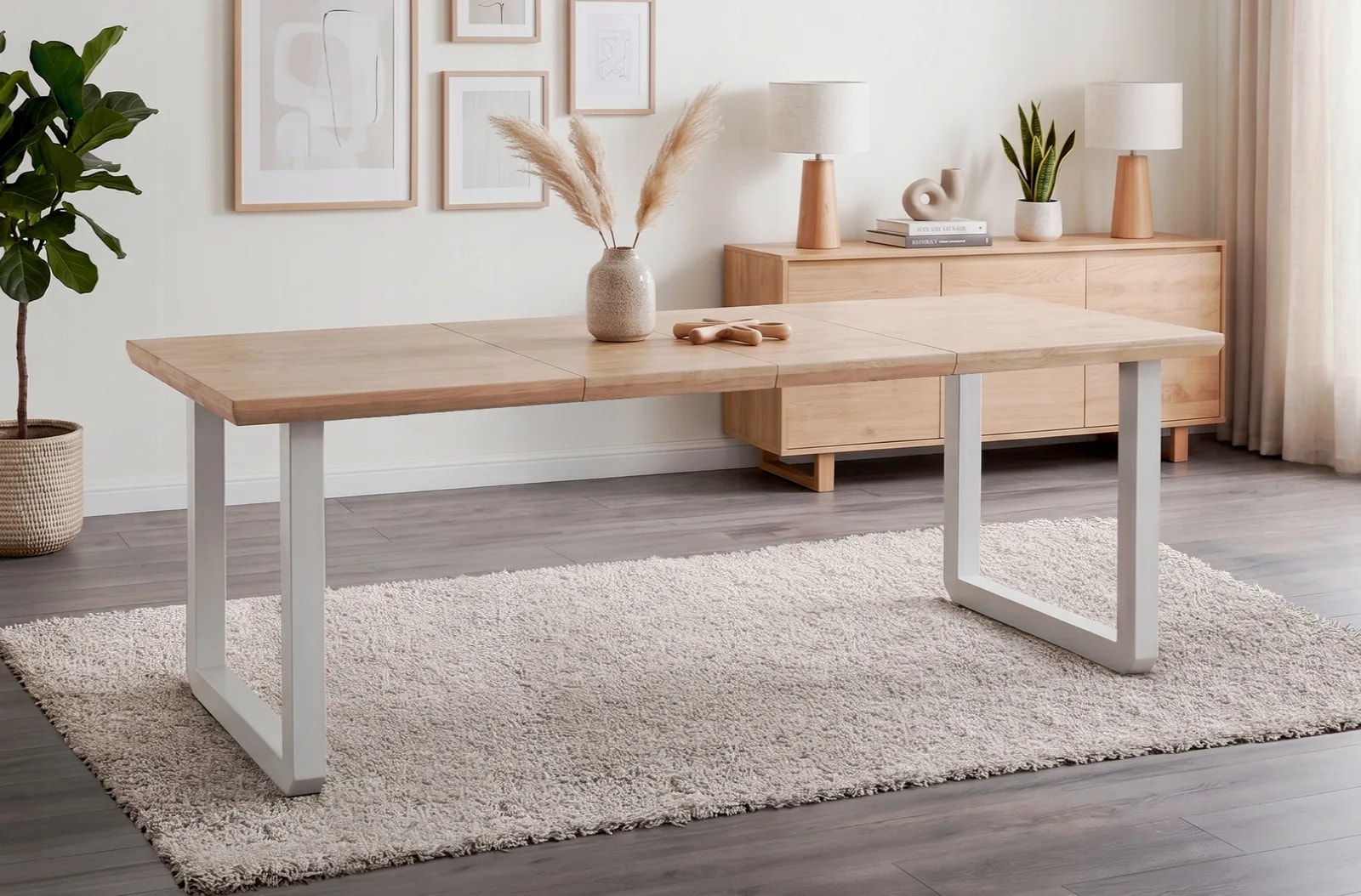 Mesa de comedor extensible Roma, roble nordish / blanco en un salón