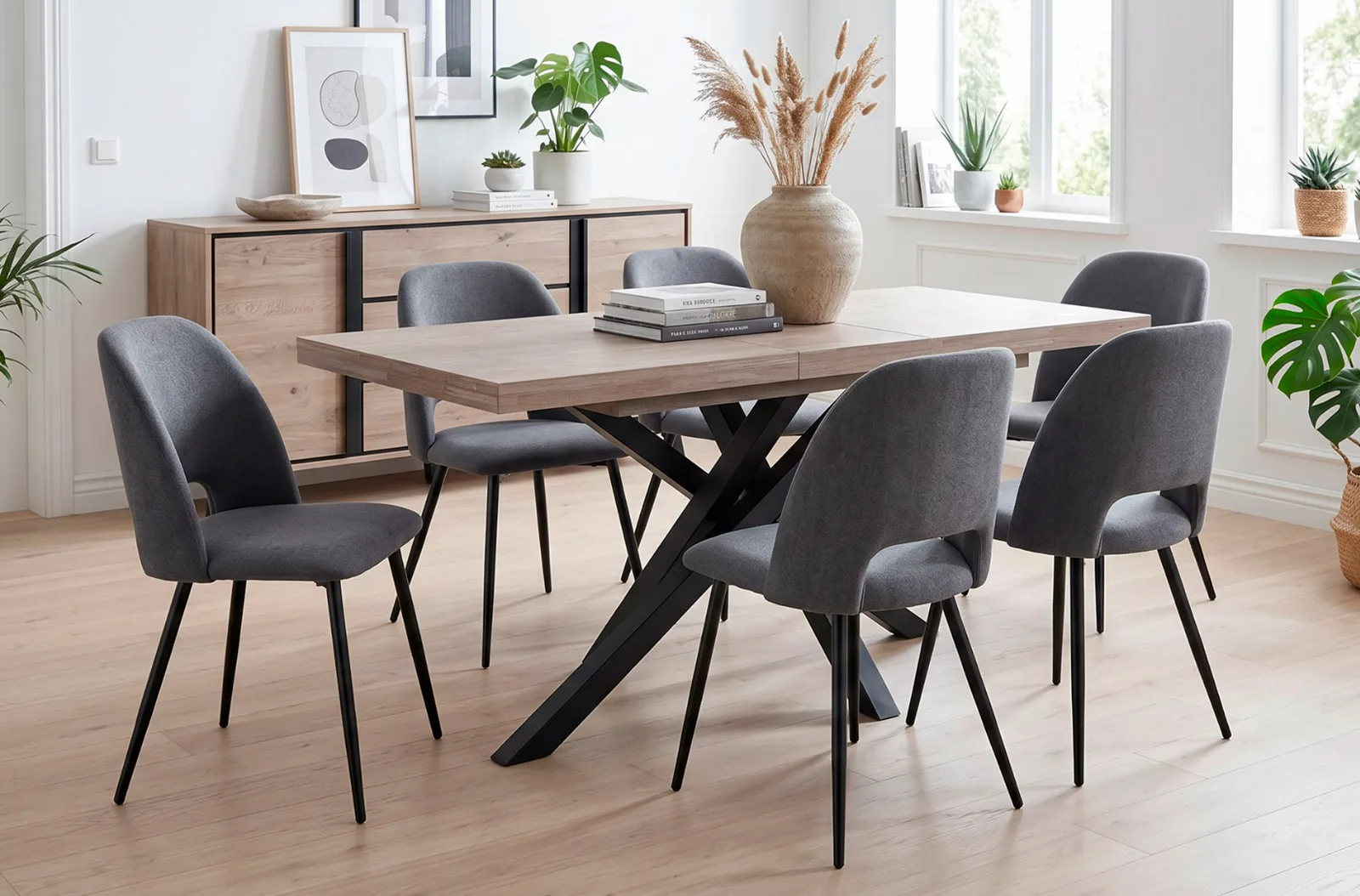 Mesa de comedor extensible Xena, roble honey / negro en un salón