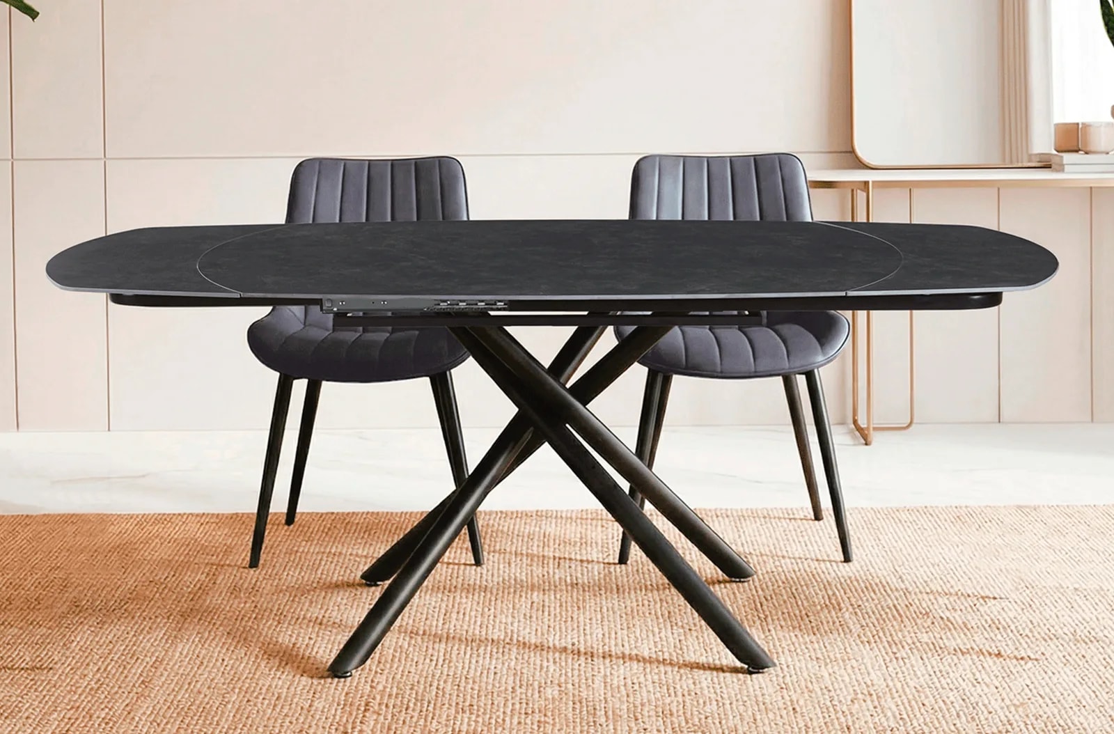Mesa de comedor extensible Gyro, cerámica Vulcano en un salón