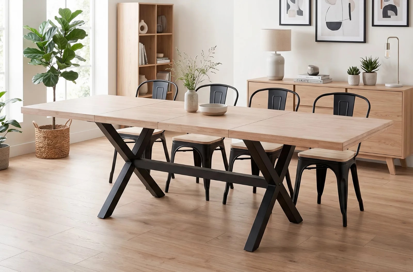 Mesa de comedor extensible X-Loft, roble nordish / negro en un salón
