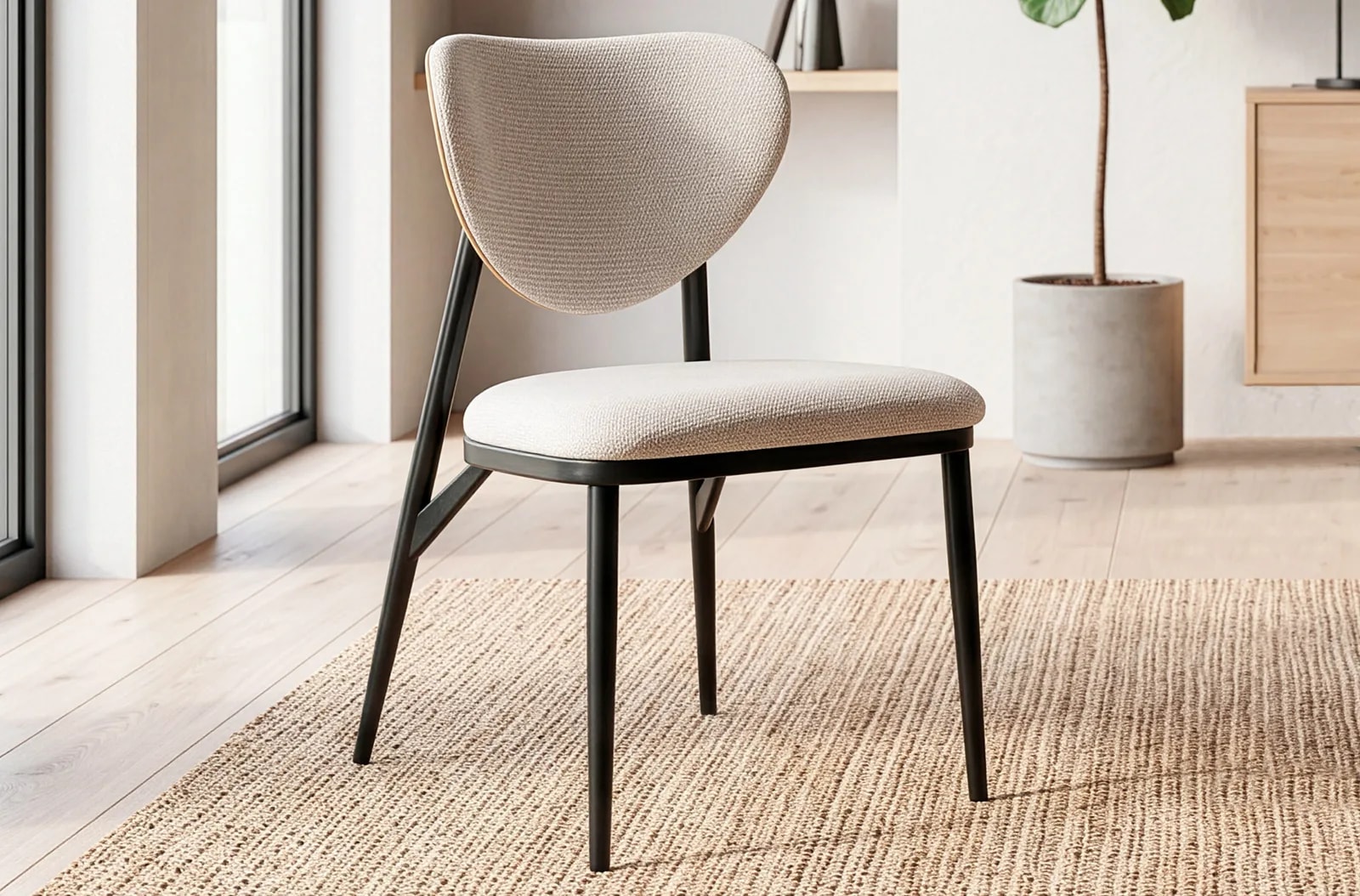 Silla de comedor Moon, tejido beige en un salón