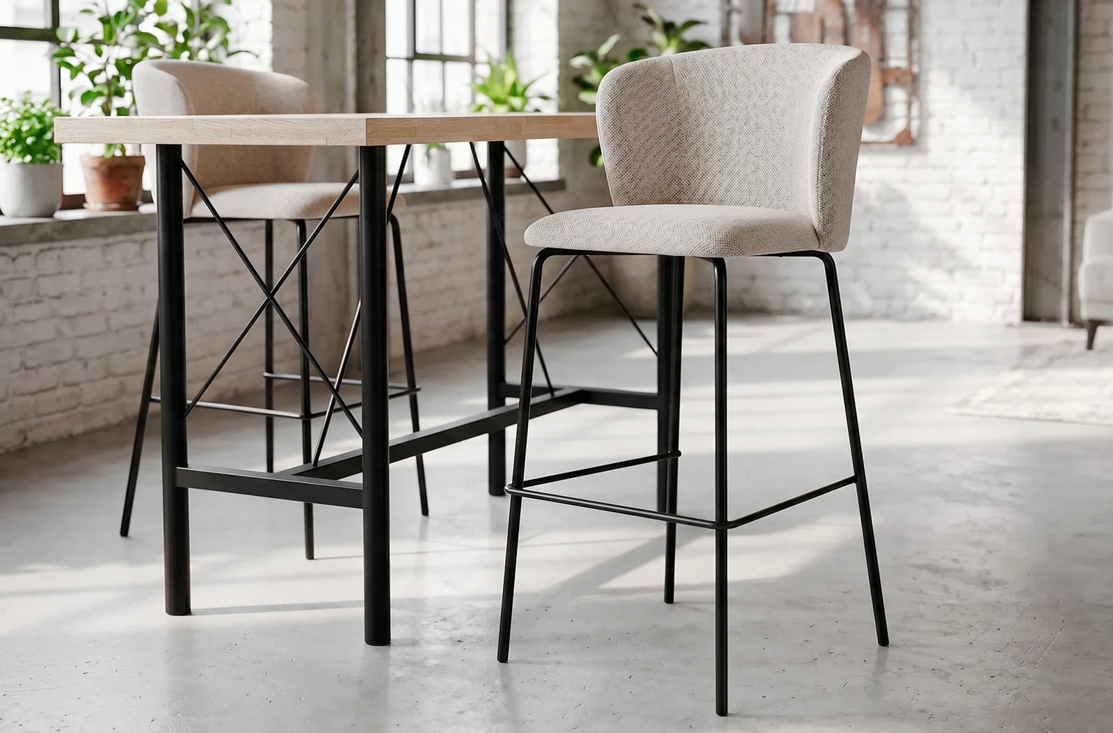 Taburete alto Margot, asiento a 75 cm, tejido beige en un salón