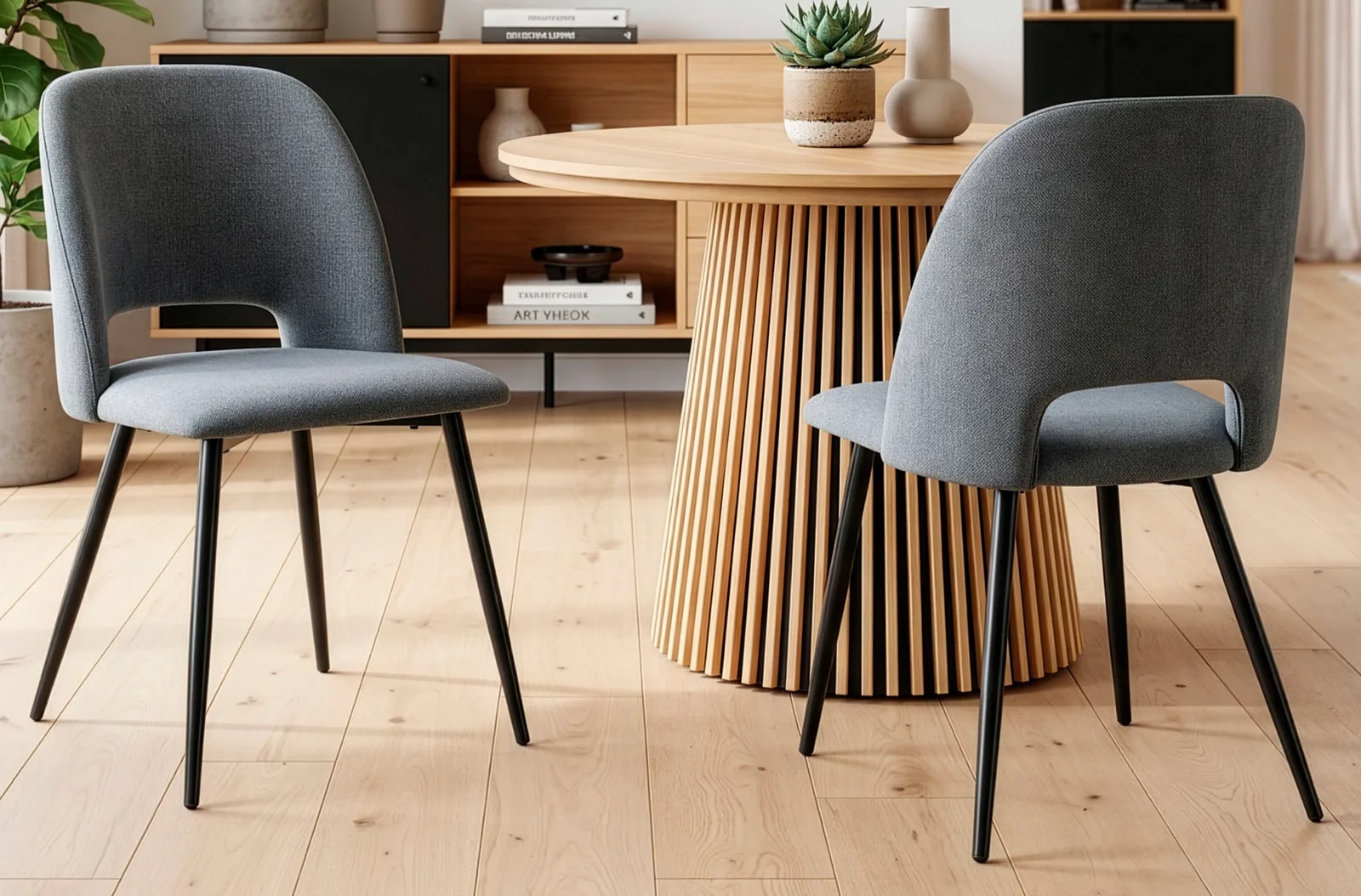 Silla de comedor Venus, tejido gris / negro en un salón