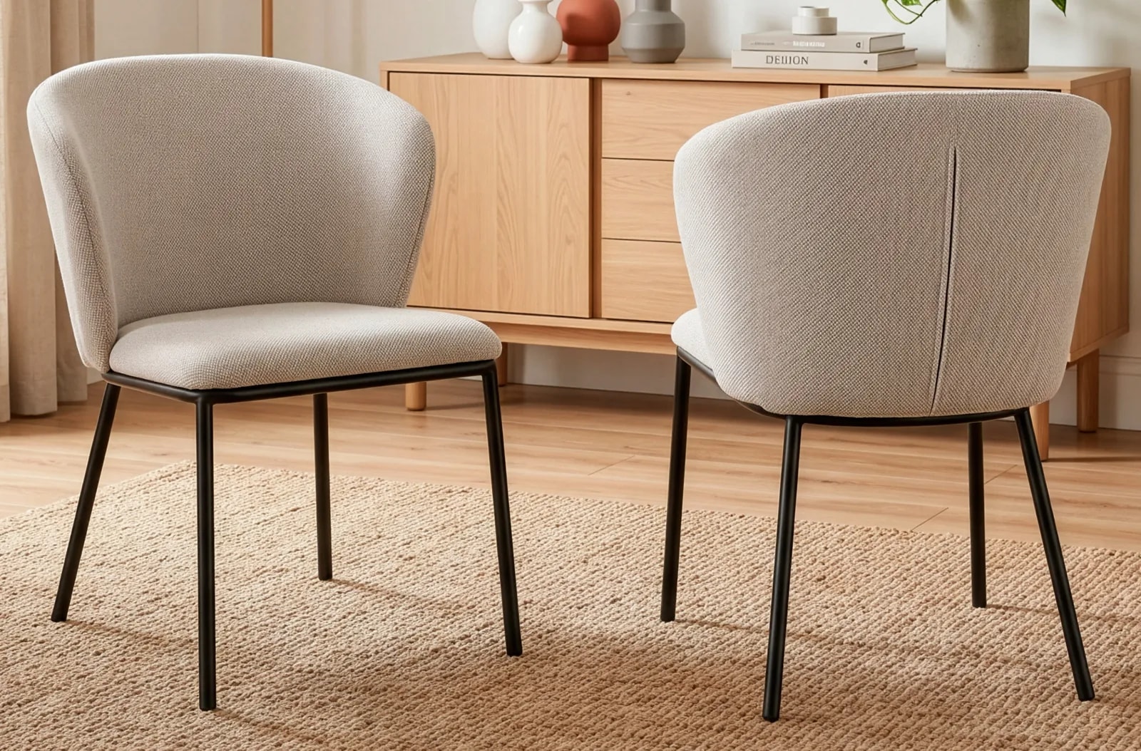 Silla de comedor Margot, tejido beige / negro en un salón