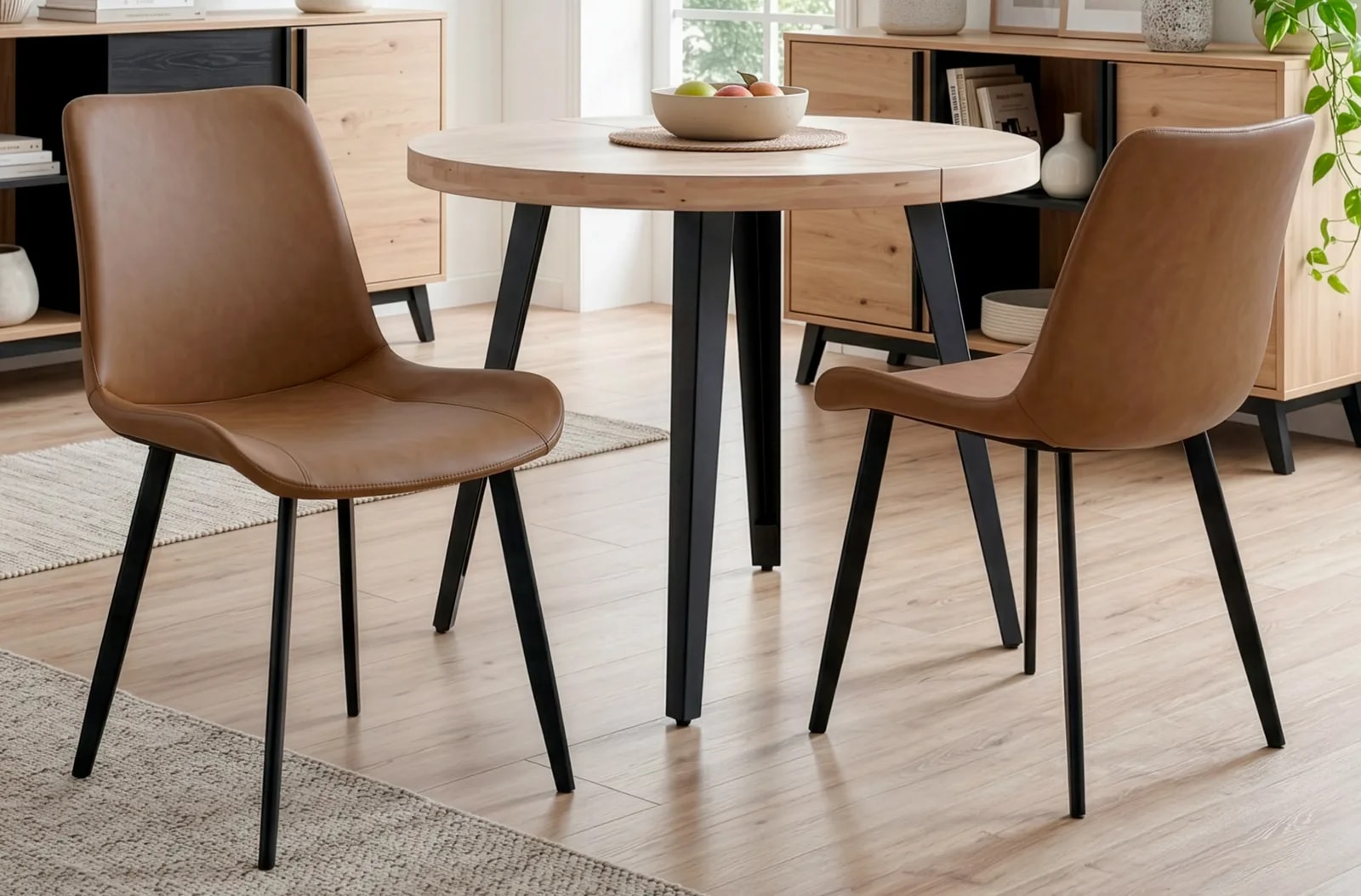 Silla de comedor Lis, piel sintética marrón en un salón