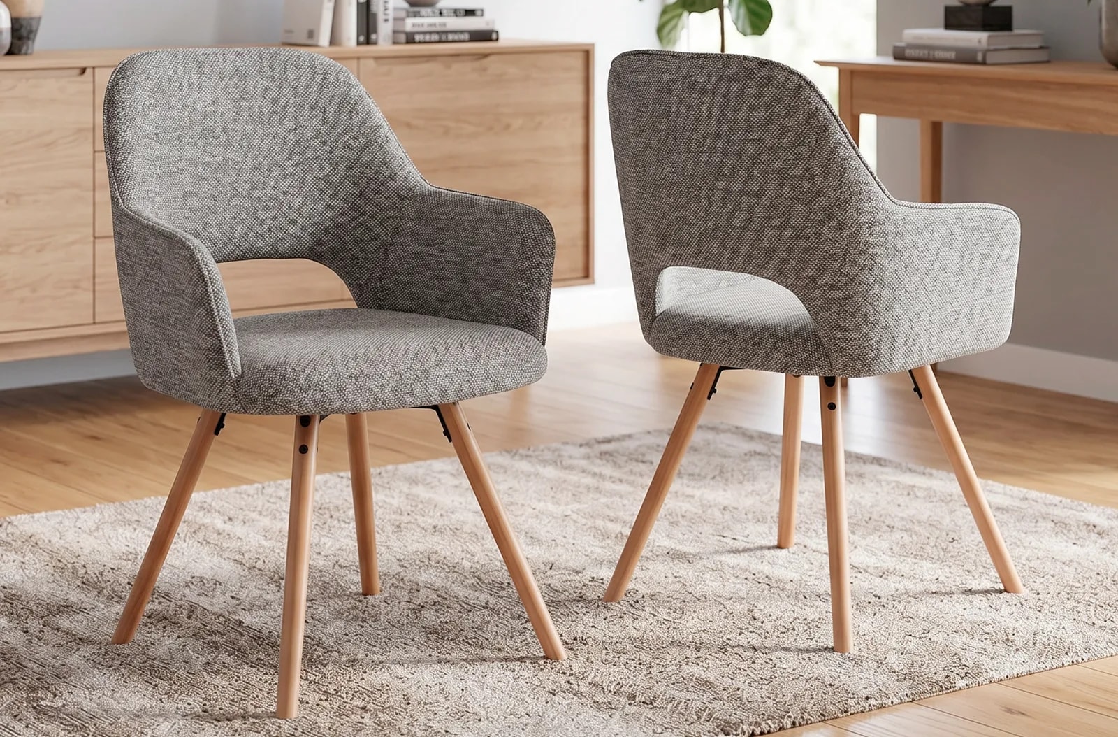 Silla de comedor giratoria Rimor, tejido gris en un salón