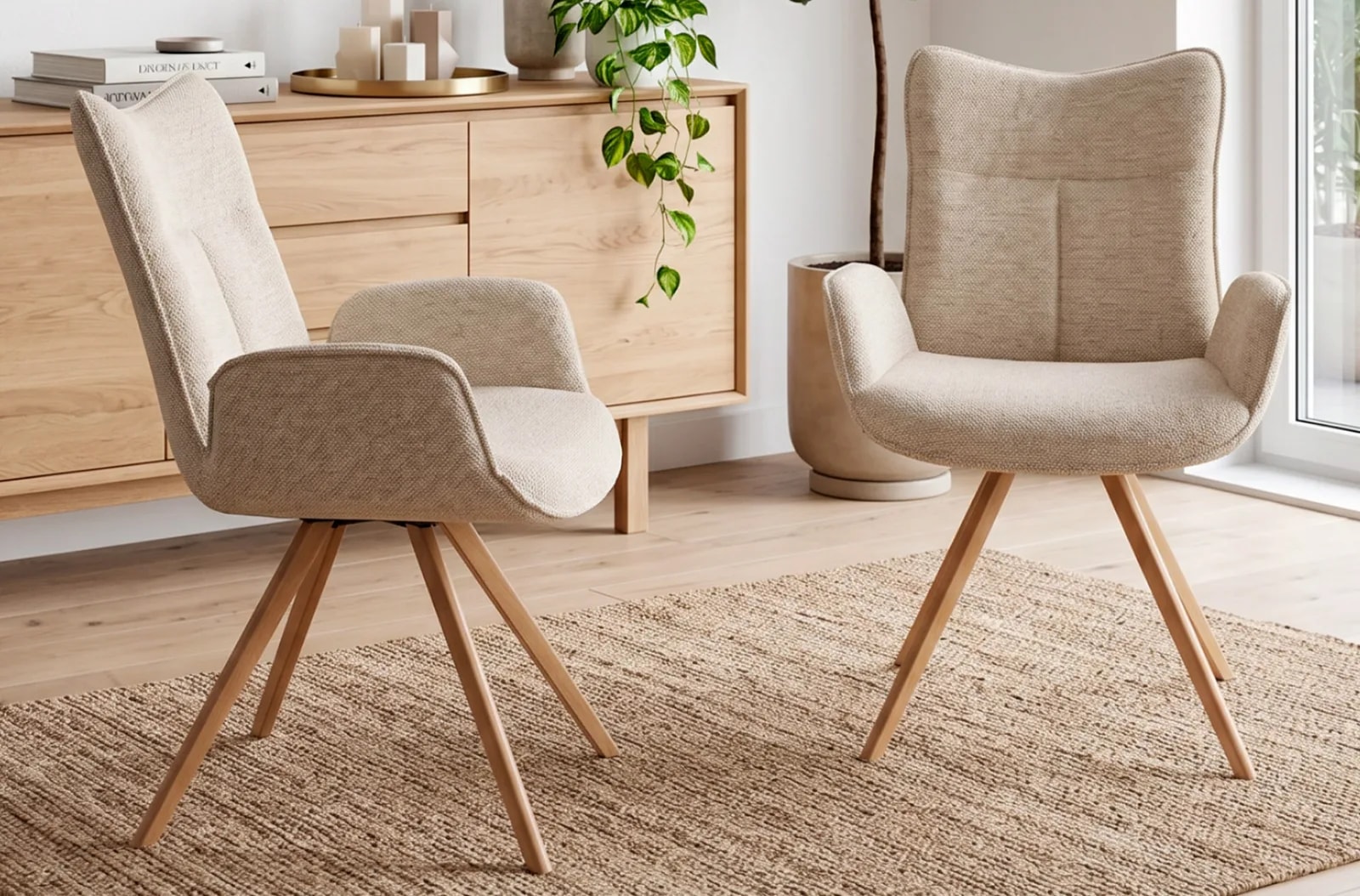 Silla de comedor Mireia, tejido beige en un salón