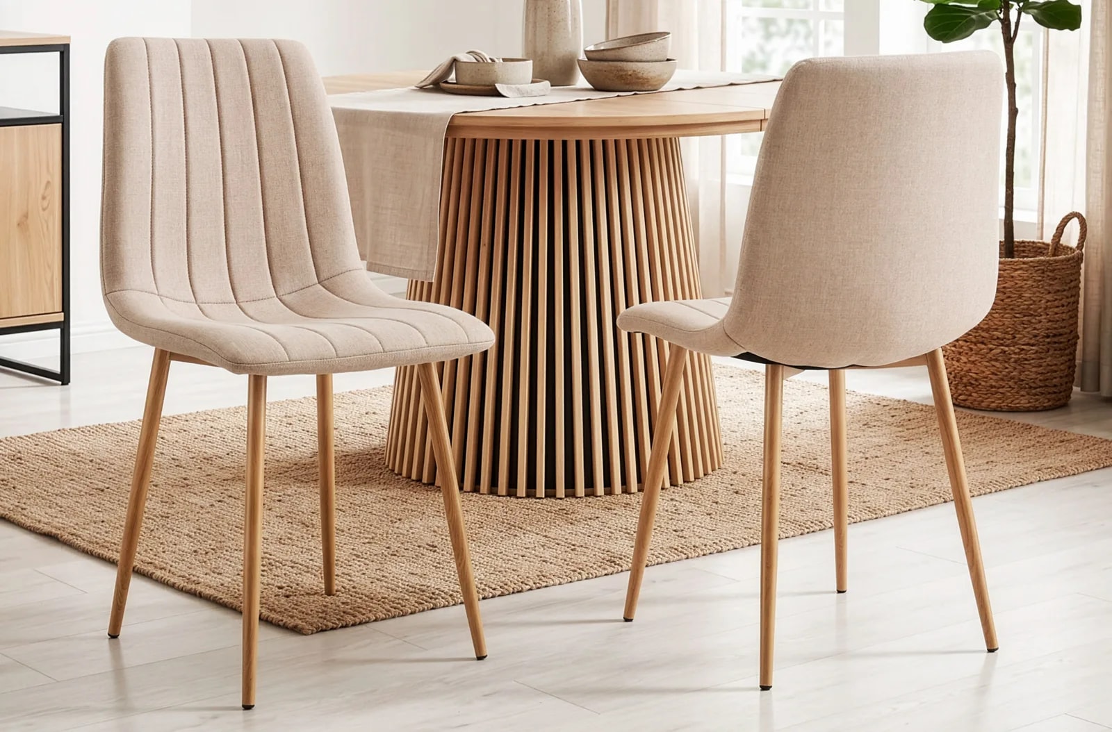 Silla de comedor Nails, tejido beige / roble en un salón