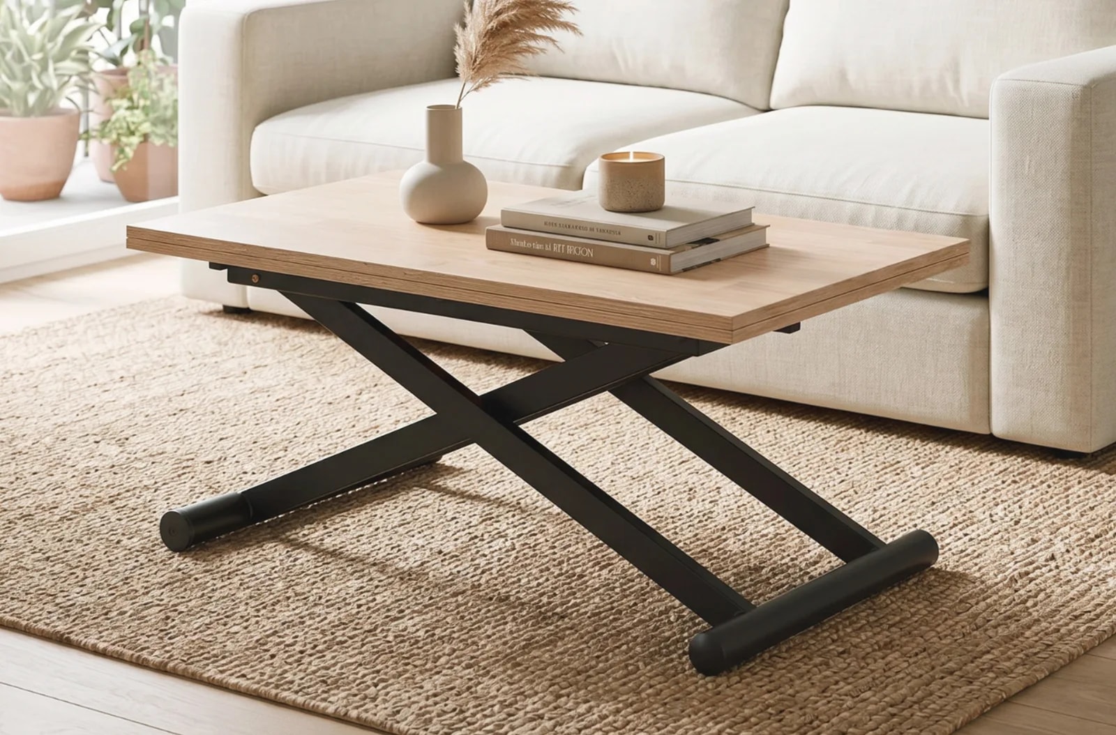 Mesa de centro elevable Natural, roble nordish / negro en un salón